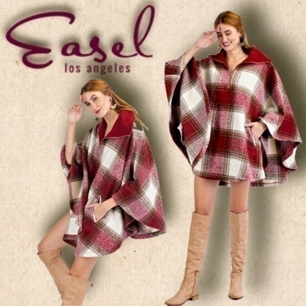 Easel Ultra Lux Cozy Red Plaid Wool Blend Poncho Cape Zippered Neck NWT